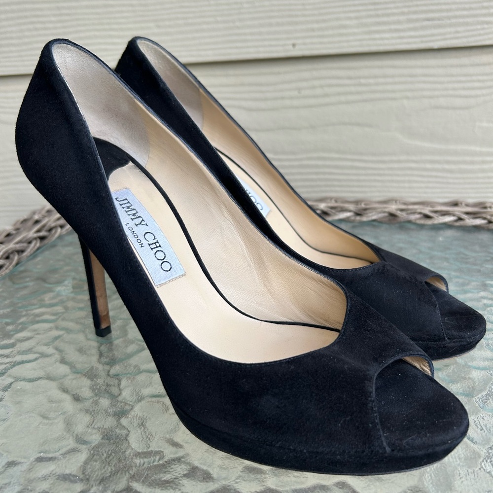 Excellent! JIMMY CHOO London Made in Italy Suede Peep Toe Heels sz 39 US 9